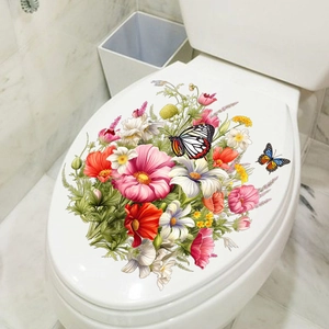 Sticker mural autocollant avec fleurs et papillons pour décor de toilettes et salle de bain