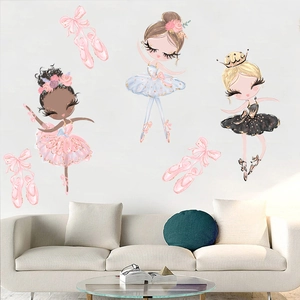 Ballet girls wall decal set with cartoon dancers and pink bow shoes for home decoration