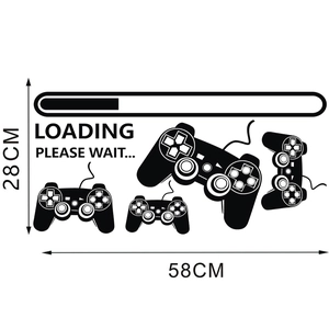 Detailed dimensions of vinyl gaming wall stickers with controllers and loading text