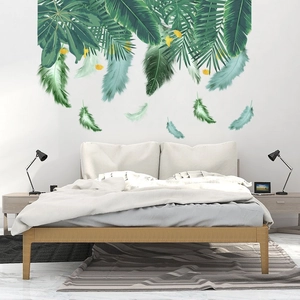 Tropical Green Leaves Feathers Wall Stickers PVC Waterproof Removable Wall Decal Living Room Bedroom Minimalist Home Decor
