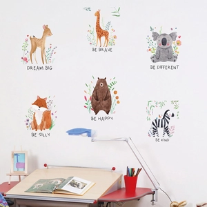 Animal Wall Stickers Kids Room PVC Watercolor Zebra Giraffe Koala Fox Bear Deer Wall Decals Motivational Phrases Nursery Home Decor