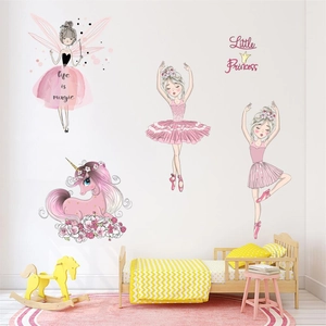 Waterproof PVC Ballet Girl Unicorn Fairy Wall Sticker Cartoon Pink Nursery Decal For Kids Room Girl Bedroom Decoration