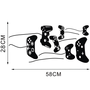 Detailed dimension chart showing gaming controller wall decals measuring 58cm by 28cm
