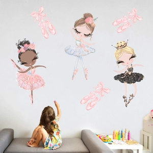 Cartoon ballet girl wall stickers for kids bedroom with pink shoes and nursery decor
