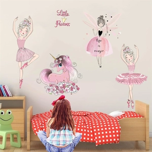 Pink ballet girls and unicorn wall decals for kids bedroom decor with Little Princess text