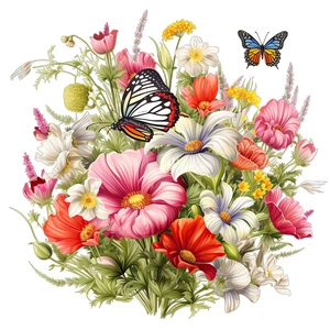 Sticker mural fleuri avec papillons, fleurs de cosmos roses et marguerites blanches