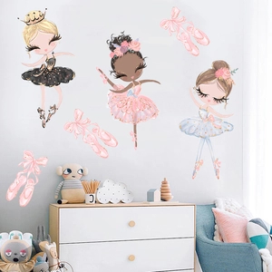 Whimsical ballet girl wall decals with glittery tutus and pink ribbons for room decor