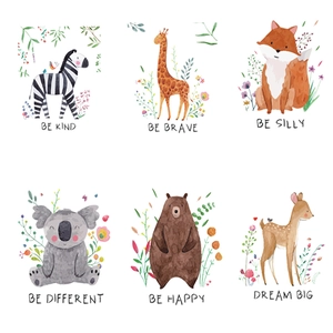 Set of 6 watercolor animal wall stickers with motivational quotes for kids room decor