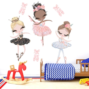 Charming ballet girl wall decals set shown in a cozy children room with wooden bed