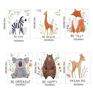Set of 6 watercolor animal wall art prints for kids room with inspirational phrases