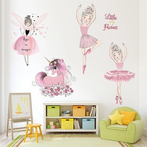 Ballet girl and unicorn wall stickers set for girls bedroom decor with magic text