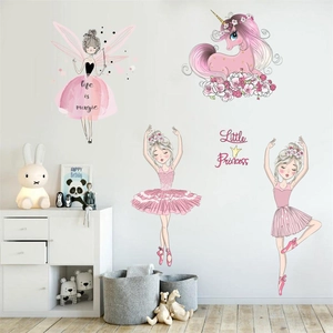 Pink ballet girls and unicorn wall decals with Little Princess text for nursery decor