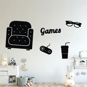 Gamer silhouette wall sticker set with game controller sofa and drinks for kids room
