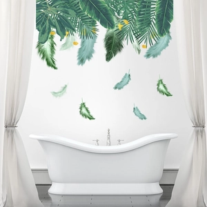 Tropical green leaves and floating feathers wall decal stickers for modern bathroom decor