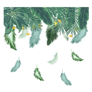 Fresh green tropical leaves and feathers wall decals for living room and bedroom decor