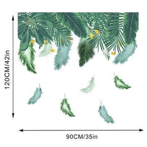 Detail view of tropical green leaf and feather wall stickers with 120x90cm size marking