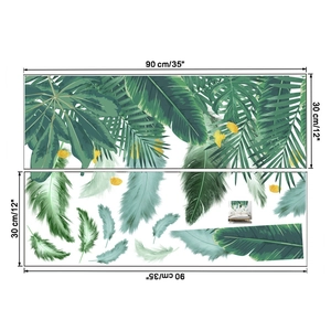 Detailed size chart showing two 90x30cm tropical green leaf and feather wall decals