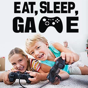 Detail of Eat Sleep Game vinyl wall sticker featuring controller icon and kids playing