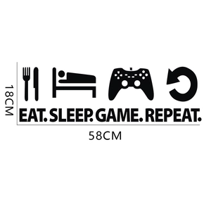 Detail view of Eat Sleep Game Repeat wall decal showing 58cm by 18cm dimensions