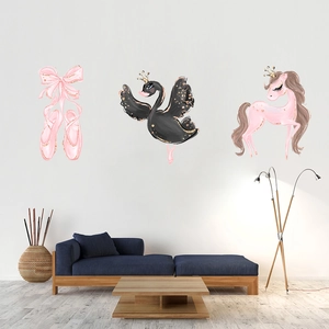 Wandsticker mit Einhorn, Schwan mit Krone und Ballettschuhen für Kinderzimmer Dekoration