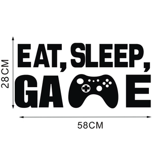Detail showing 'EAT SLEEP GAME' wall sticker with game controller icon, 58cm x 28cm size