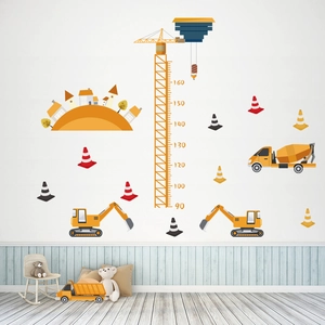 Kids height chart wall decal with yellow crane excavator and construction vehicles