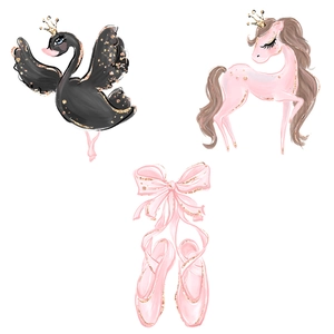 Aquarell Wandaufkleber mit Schwan, Einhorn und Ballettschuhen für das Kinderzimmer Dekor