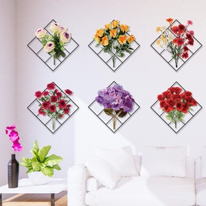 6-piece set of rose and hydrangea wall stickers with black mesh grid for home decor