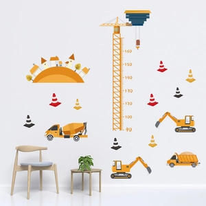 Construction site wall decals with crane height chart and yellow excavator for kids room
