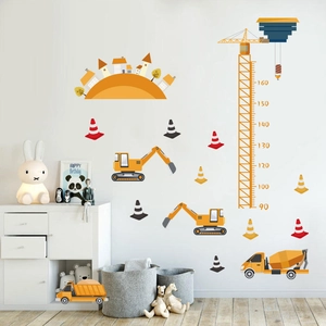 Detailed wall sticker featuring construction crane, excavator, and height chart for kids