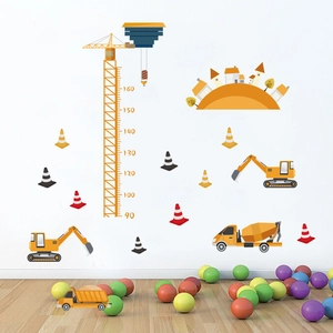 Construction site wall decals with tower crane height chart and excavators for kids room
