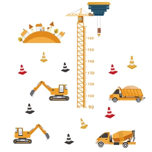Construction site wall stickers for kids room featuring excavator and crane height chart