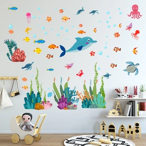Underwater World Ocean Animal Wall Stickers Cartoon Dolphin Sea Turtle Octopus Waterproof PVC Wall Decals For Kids Room Nursery Decor