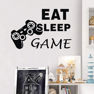 Detail der Eat Sleep Game Wandtattoo aus Vinyl mit Spiele-Controller in einem modernen Zimmer