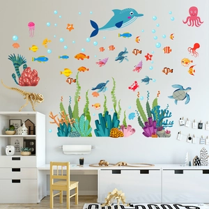 Cartoon ocean world wall decals with dolphins, turtles and octopus for kids bedroom decor