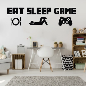 Minimalist 'Eat Sleep Game' vinyl wall decal for bedroom with gaming controller icon
