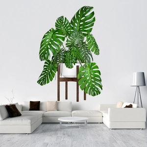 Nordic style Monstera plant wall sticker with white pot and wooden stand on white wall