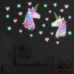 Luminous PVC Unicorn Wall Stickers Glow In Dark Stars Hearts Decorative Fluorescent Decals For Kids Room Home Decor