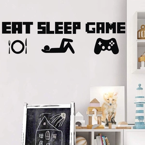 Eat Sleep Game black vinyl wall decal with game controller icons for game room decor