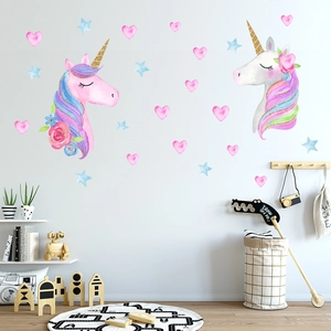 Luminous unicorn wall stickers with colorful rainbow mane and stars for kids room decor