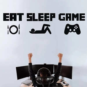 Gamer wall decal featuring Eat Sleep Game text and controller icons for bedroom decor