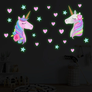 Luminous unicorn wall decals with glow-in-the-dark stars and hearts for kids' room decor