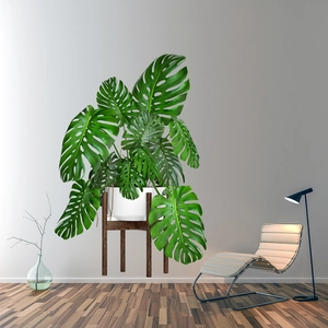 Detail of Nordic monstera wall sticker in white pot with wooden stand on grey wall background