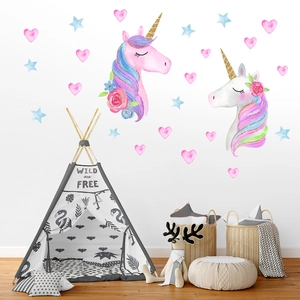 Luminous unicorn wall stickers with pink hearts and blue stars for kids room decor