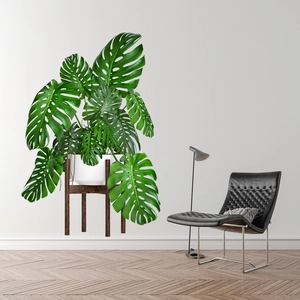 Nordic monstera green plant wall sticker with white pot and wooden tripod stand