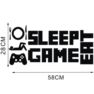 Detail of gamer wall decal featuring Eat Sleep Game icons and 28x58CM dimensions