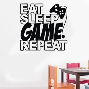 Eat Sleep Game Repeat wall decal with controller graphic for gaming room decor