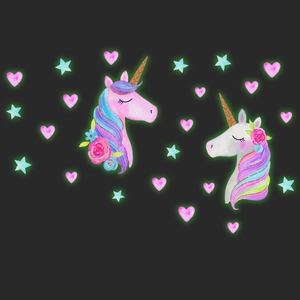Detail of glow in the dark unicorn wall stickers with watercolor roses and stars