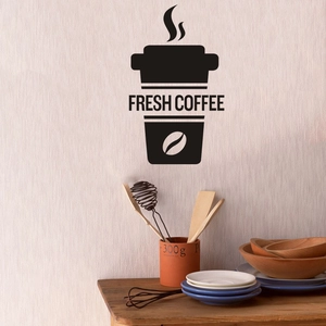 Detail of black vinyl wall sticker with fresh coffee cup design and steam graphics
