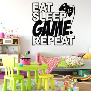 Detail of Eat Sleep Game Repeat wall decal with game controller design in kids bedroom